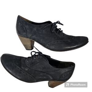 Paul Green Kelsey Black Nubuck Wingtip Lace-up Oxford Stacked Heel W 6.5